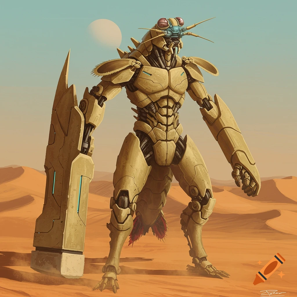 A robotic mantis creature stands in a desert holding a shield-like weapon.