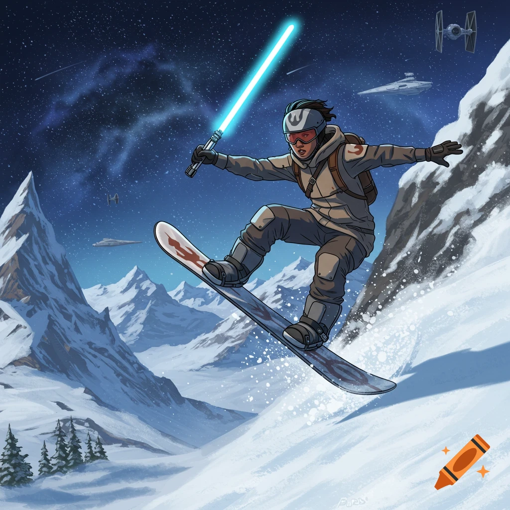 A person is snowboarding with a lightsaber in a snowy mountain landscape with Star Wars ships.
