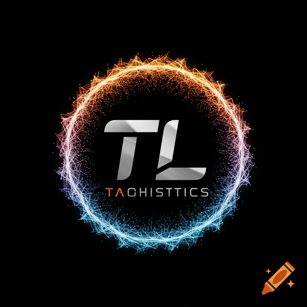 A futuristic logo with large silver letters TL centered within a circular orange and blue particle effect on a black background. Smaller text reads TACHISTTICS below.