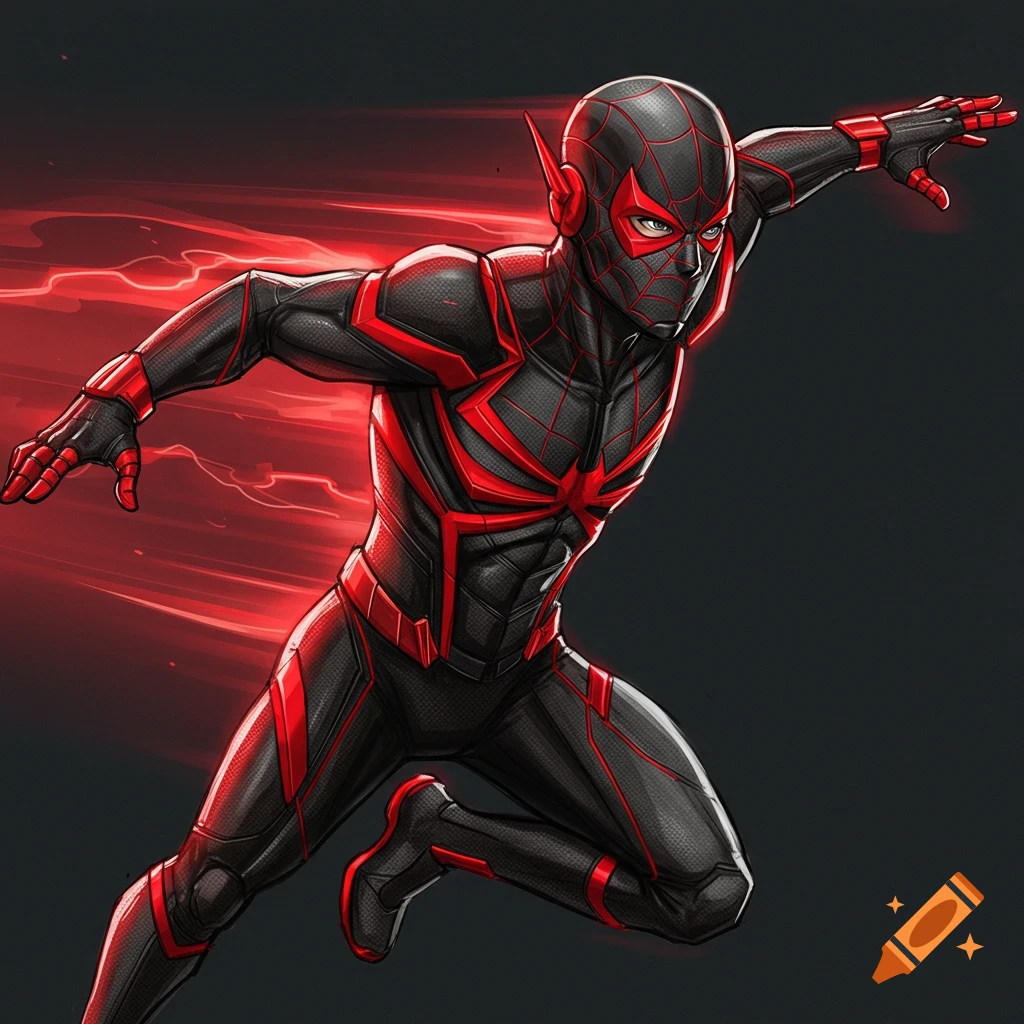 Superhero in black and red suit with spider emblem and lightning motifs running.