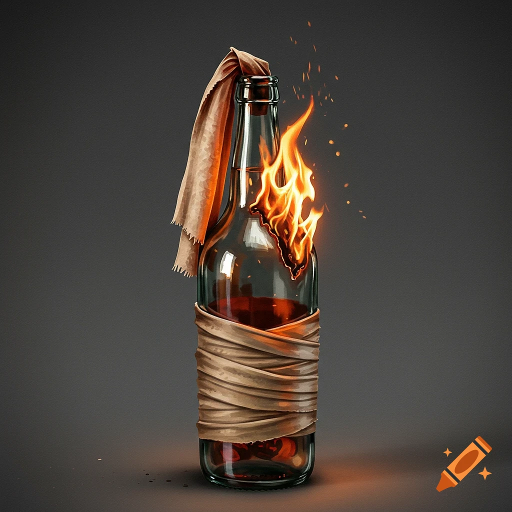 A Molotov cocktail bottle on fire.