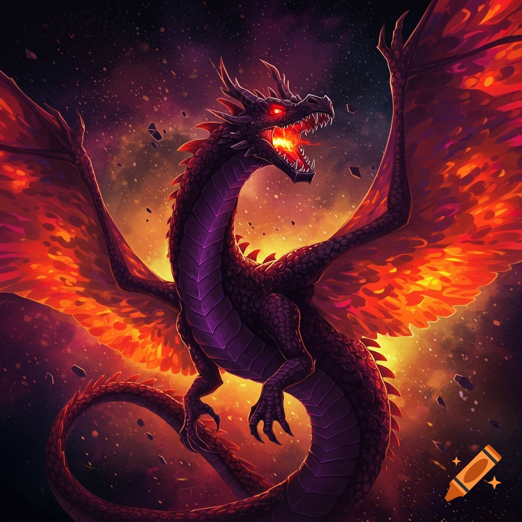 A black and purple dragon with fiery wings breathing fire against a cosmic background.