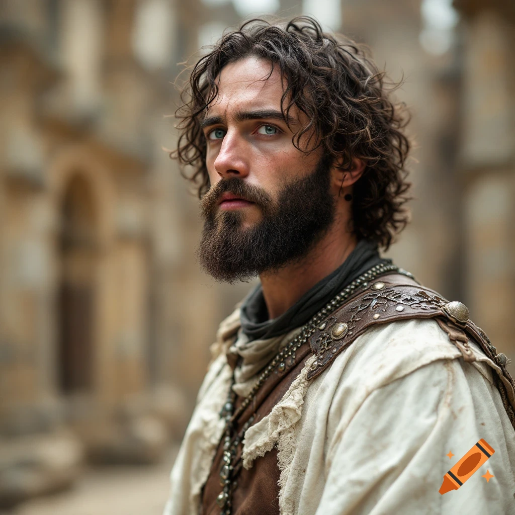 Portrait of a man with curly hair and beard wearing medieval clothing.