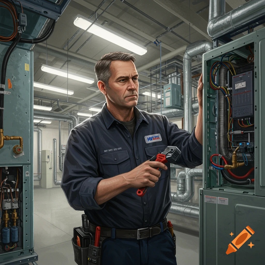 An HVAC technician working on equipment in a mechanical room.
