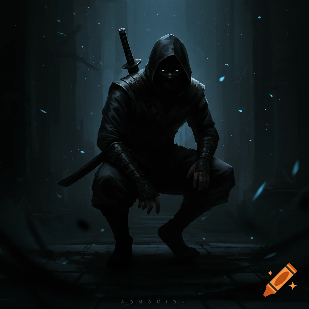 A ninja crouching in a dark hallway with glowing eyes.