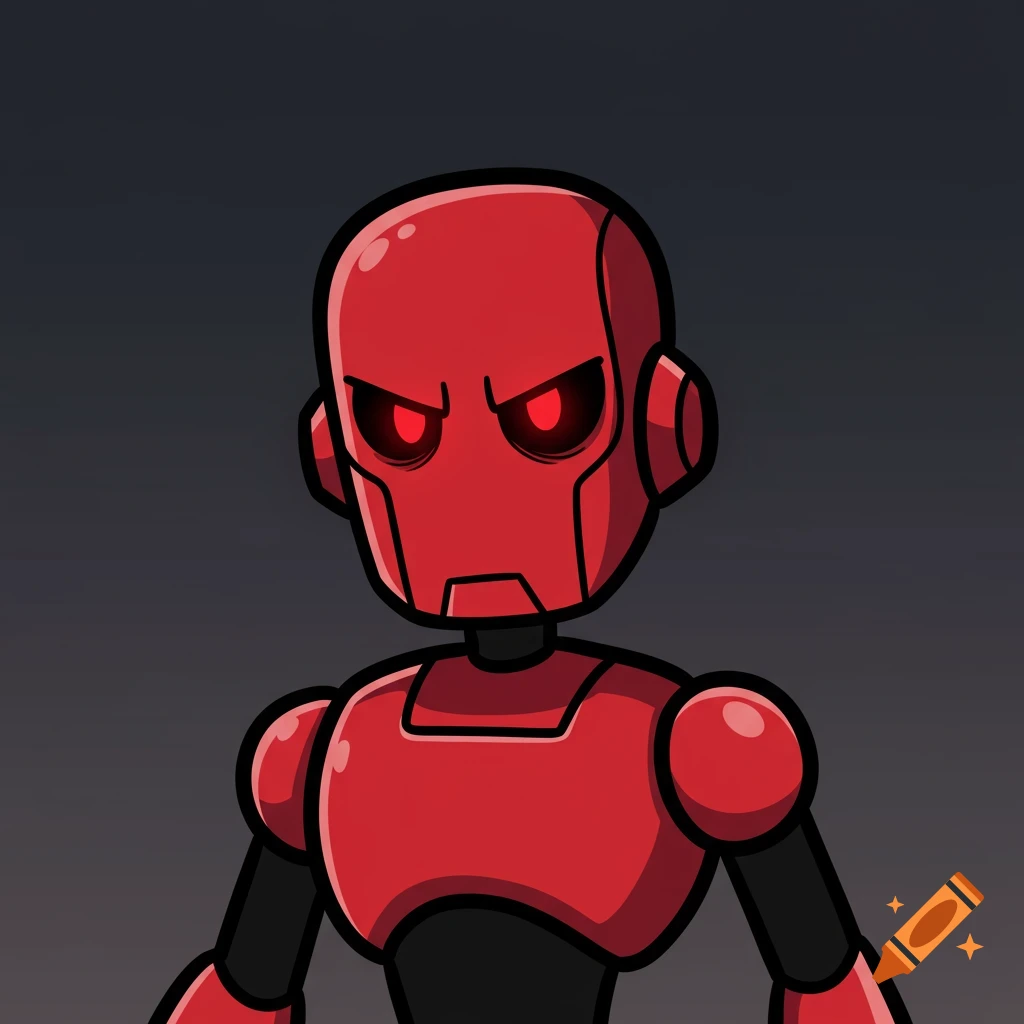 Cartoon style red robot character with glowing red eyes.