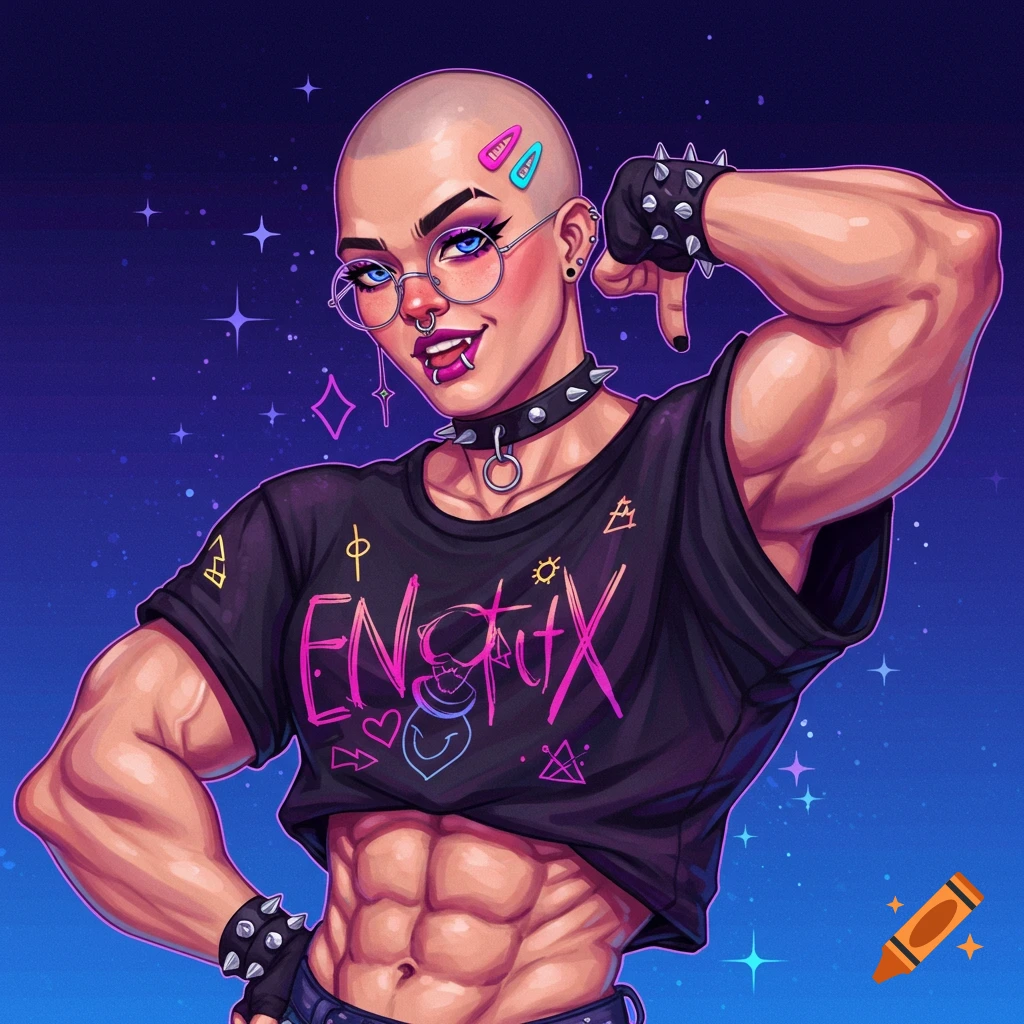 A muscular bald person wearing a punk e-girl outfit against a starry background.