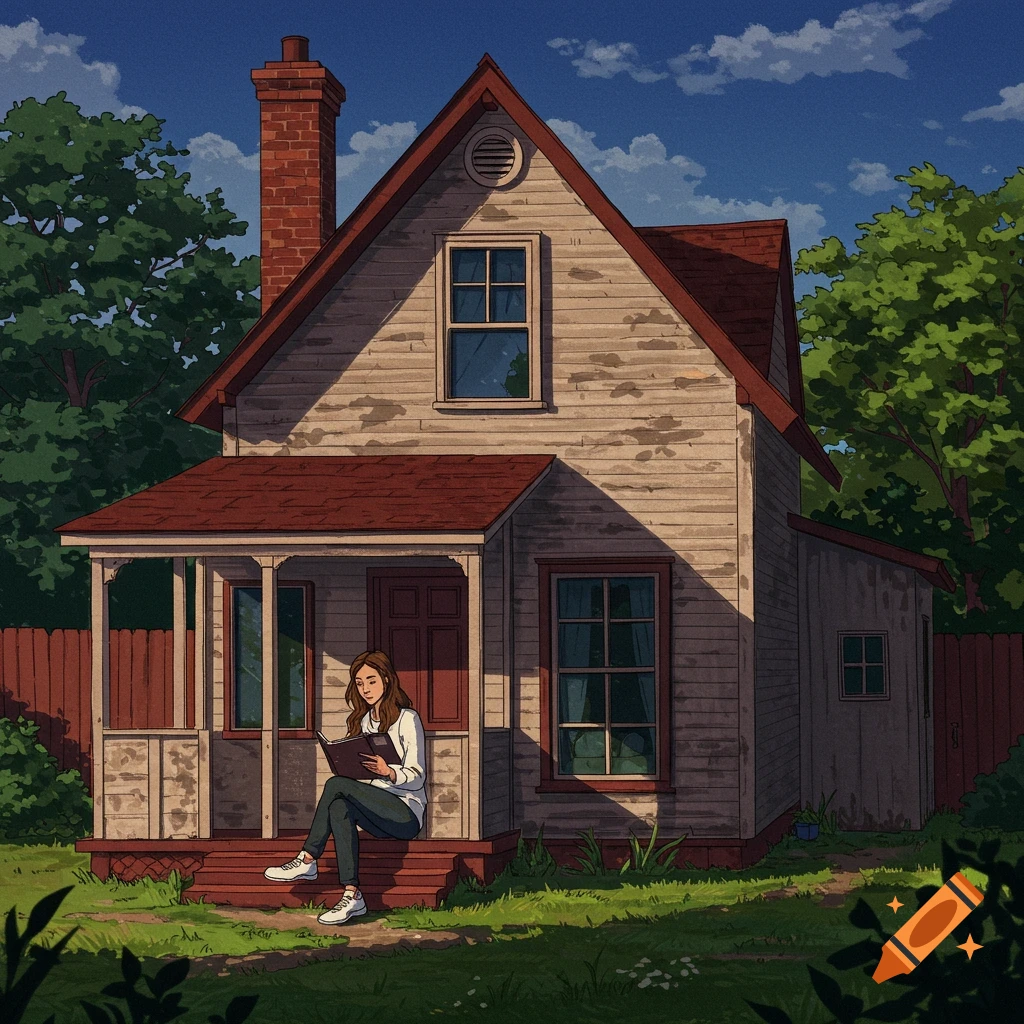 A woman reads on the porch steps of a rustic house.