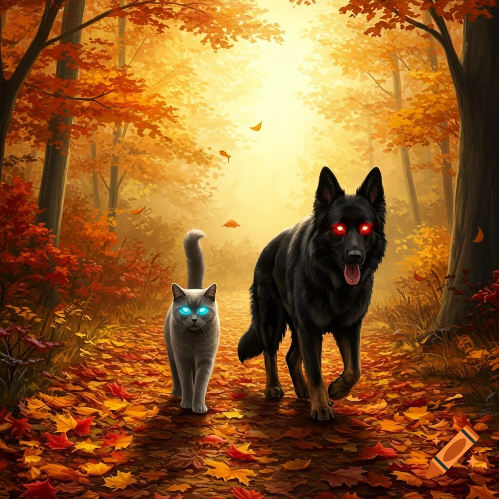 A gray cat and a black dog with glowing eyes walk through an autumn forest path.
