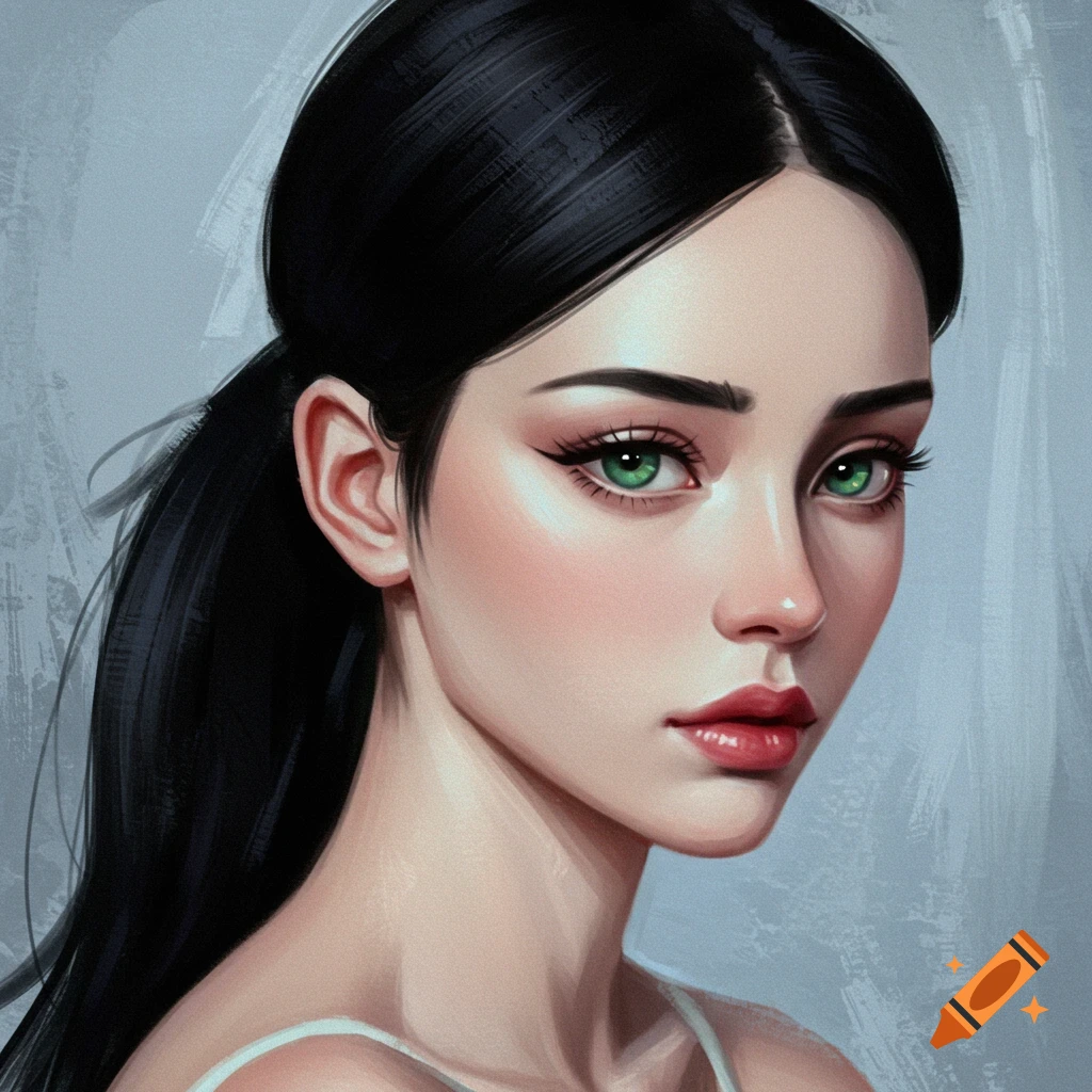 A woman with pale skin, green eyes, and a black ponytail.