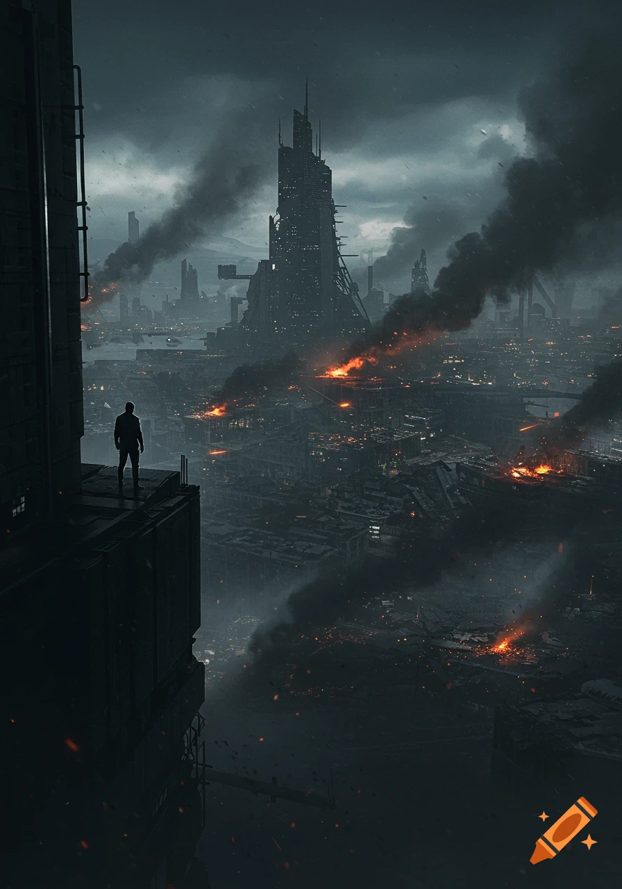 A silhouette stands on a rooftop overlooking a burning dystopian cityscape.