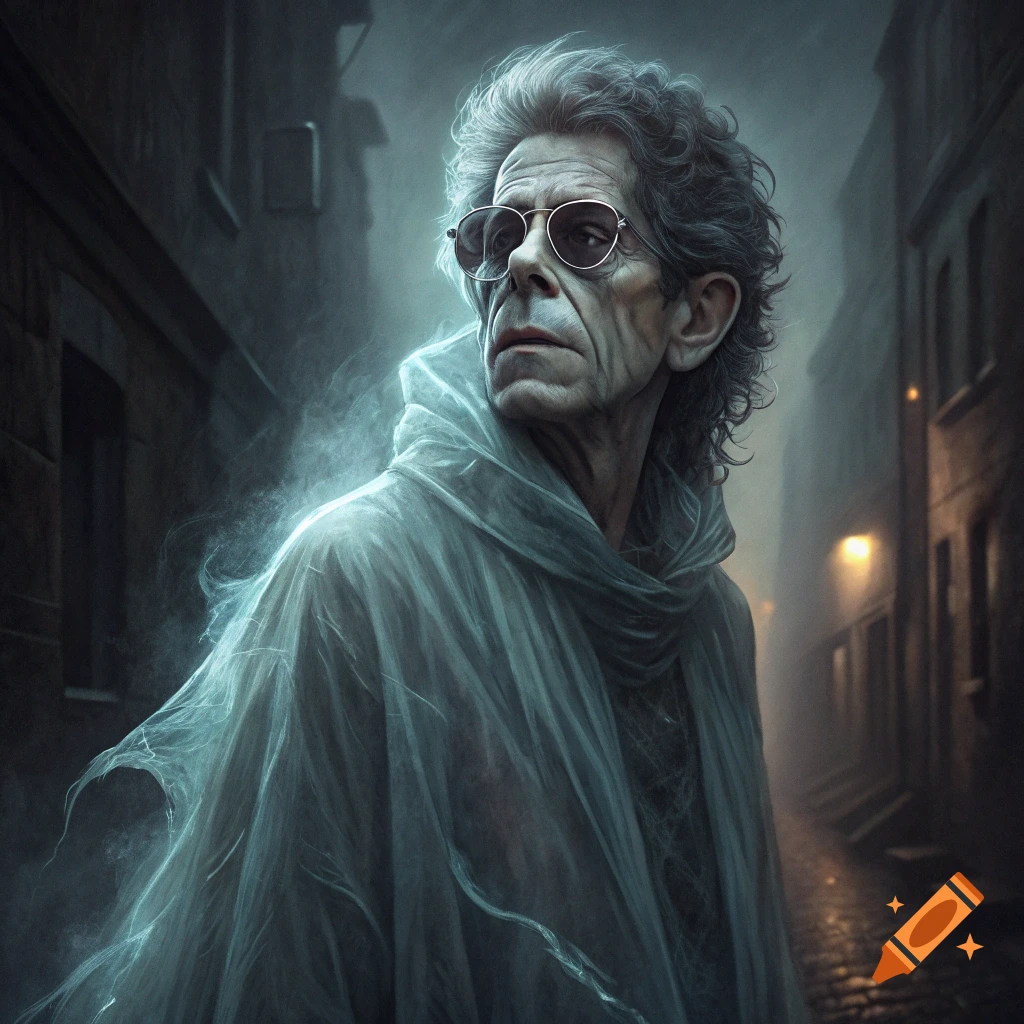 Spectral figure resembling Lou Reed in a foggy, dark city street at night.