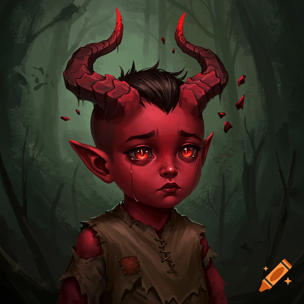 A sad young tiefling child with shattered horns stands in a dark forest.
