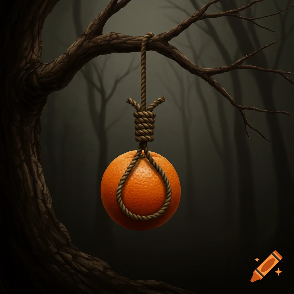 An orange hangs from a tree branch by a rope noose.