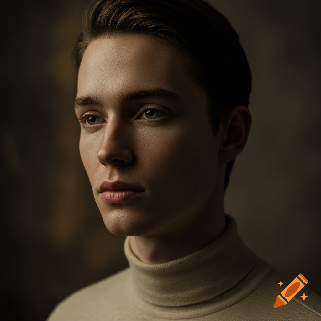 Photorealistic close-up portrait of a young man with blue eyes wearing a turtleneck.