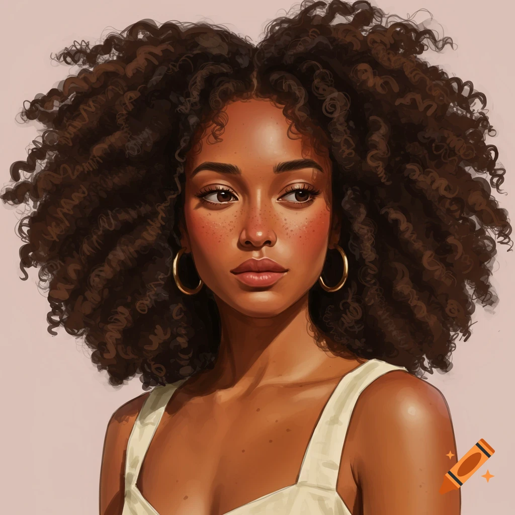 Portrait of a woman with curly hair and freckles.