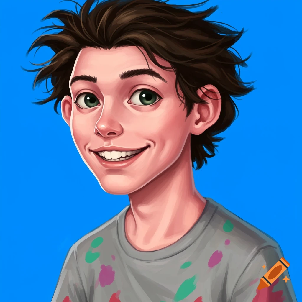Portrait of a young man with messy brown hair and green eyes, smiling, wearing a grey t-shirt with paint splatters.