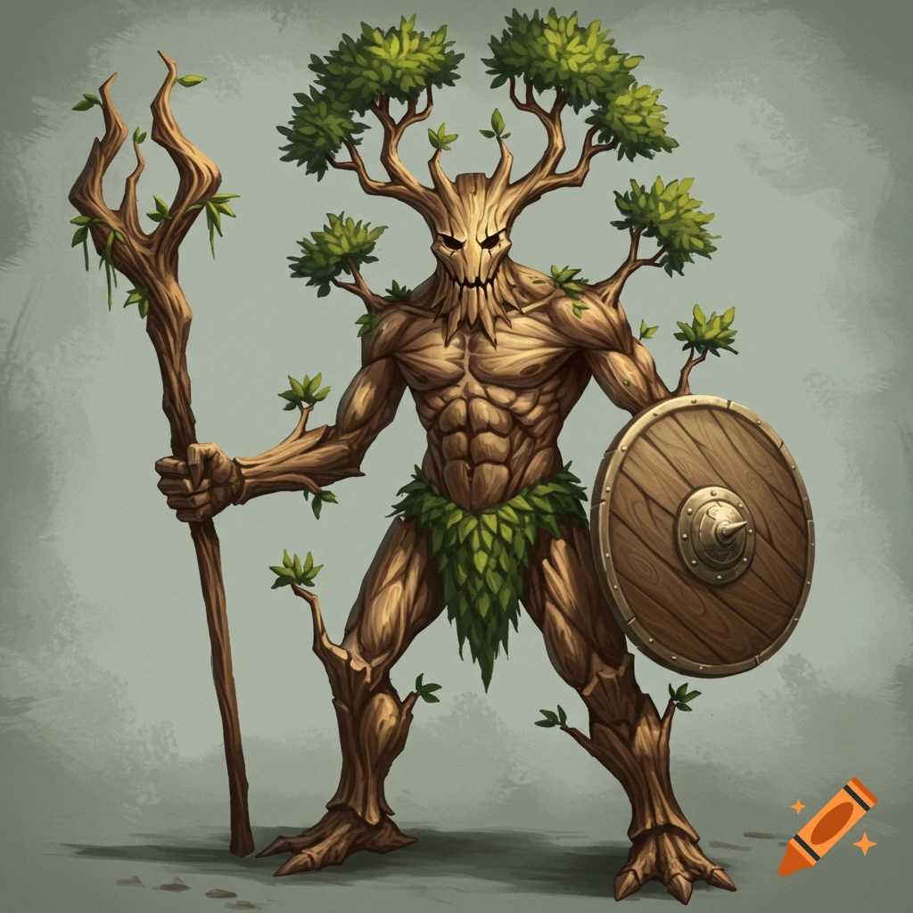 A fantasy art rendering of a humanoid tree creature holding a staff and shield.