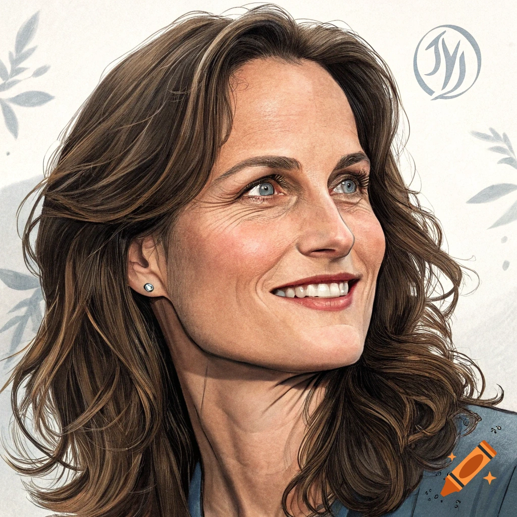 Close-up portrait of a smiling woman with brown hair looking up, in an illustrative style.