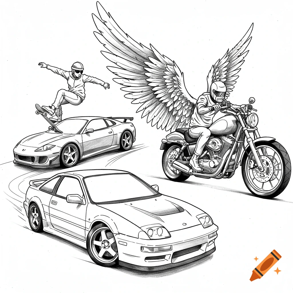 Black and white sketch of a skateboarder over a sports car and a winged motorcyclist.