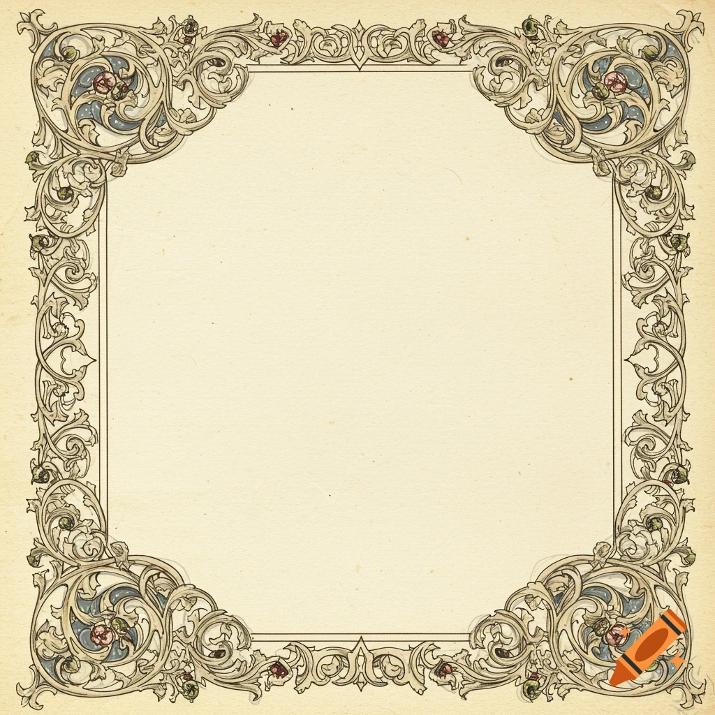 Ornate decorative border in illuminated manuscript style on a parchment-like background.