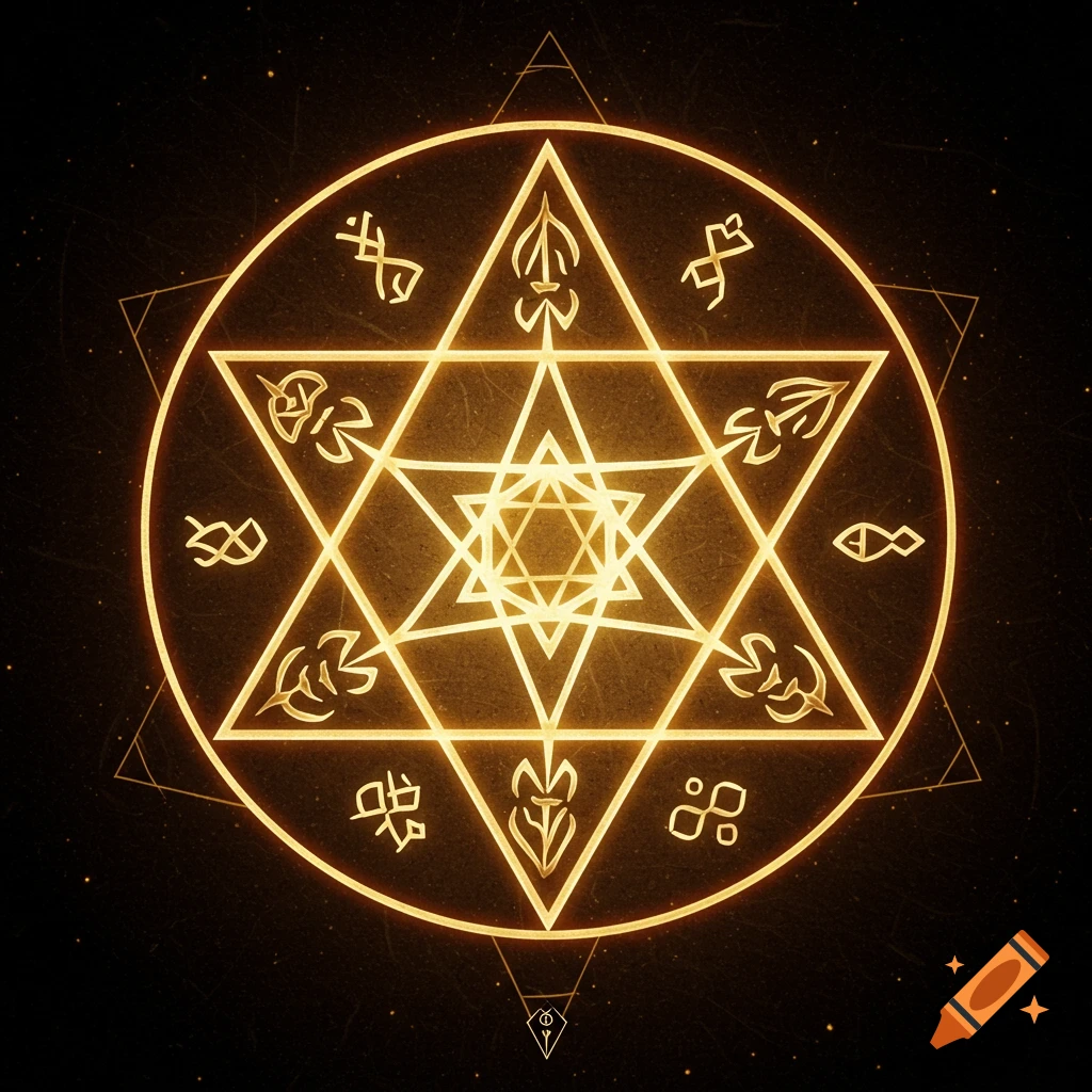 A glowing golden seven-pointed star within a circle, surrounded by abstract mystical symbols on a dark background with glowing particles.
