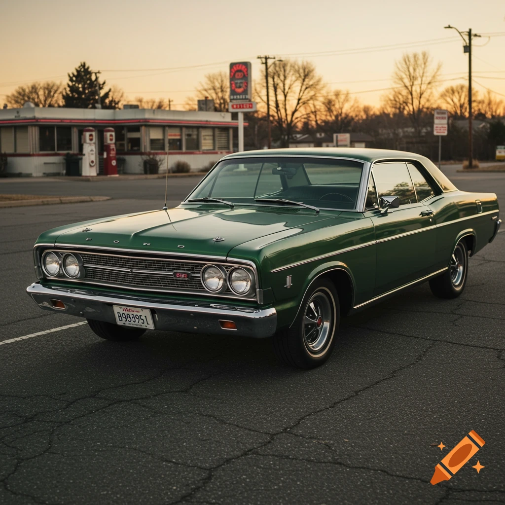 A green classic car is parked in front of a diner and gas station at sunset.
