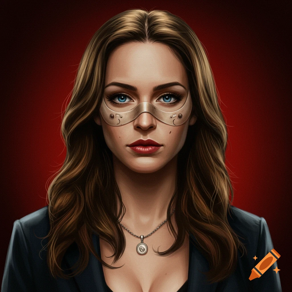 A woman with brown hair and blue eyes is wearing a mask, jacket, and necklace against a red background.