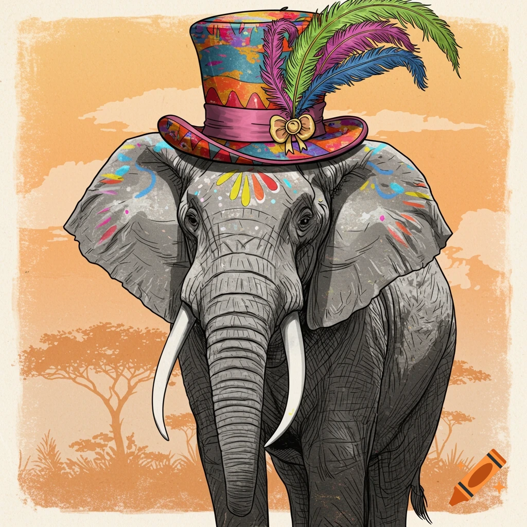 An illustrated elephant wears a colorful top hat with feathers in a savanna landscape.