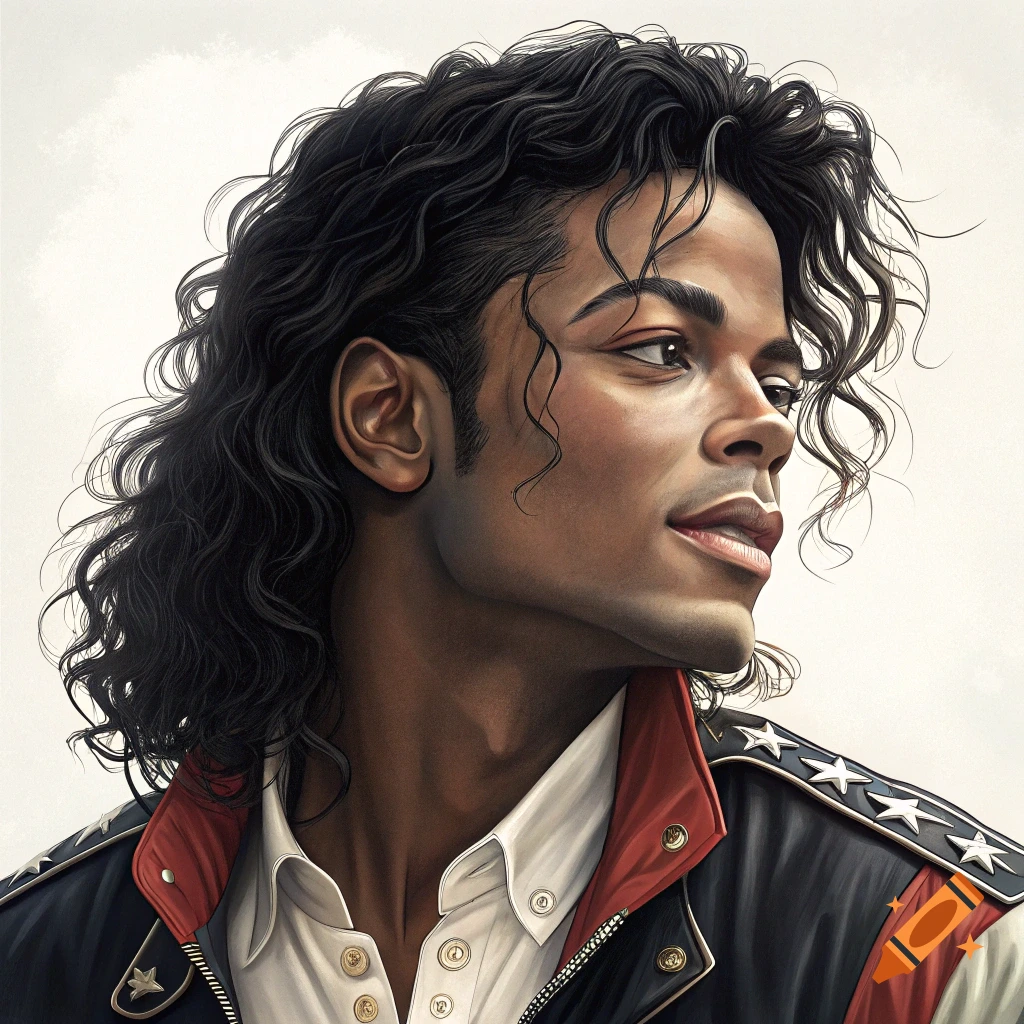 Portrait of a man resembling Michael Jackson wearing a jacket with stars.