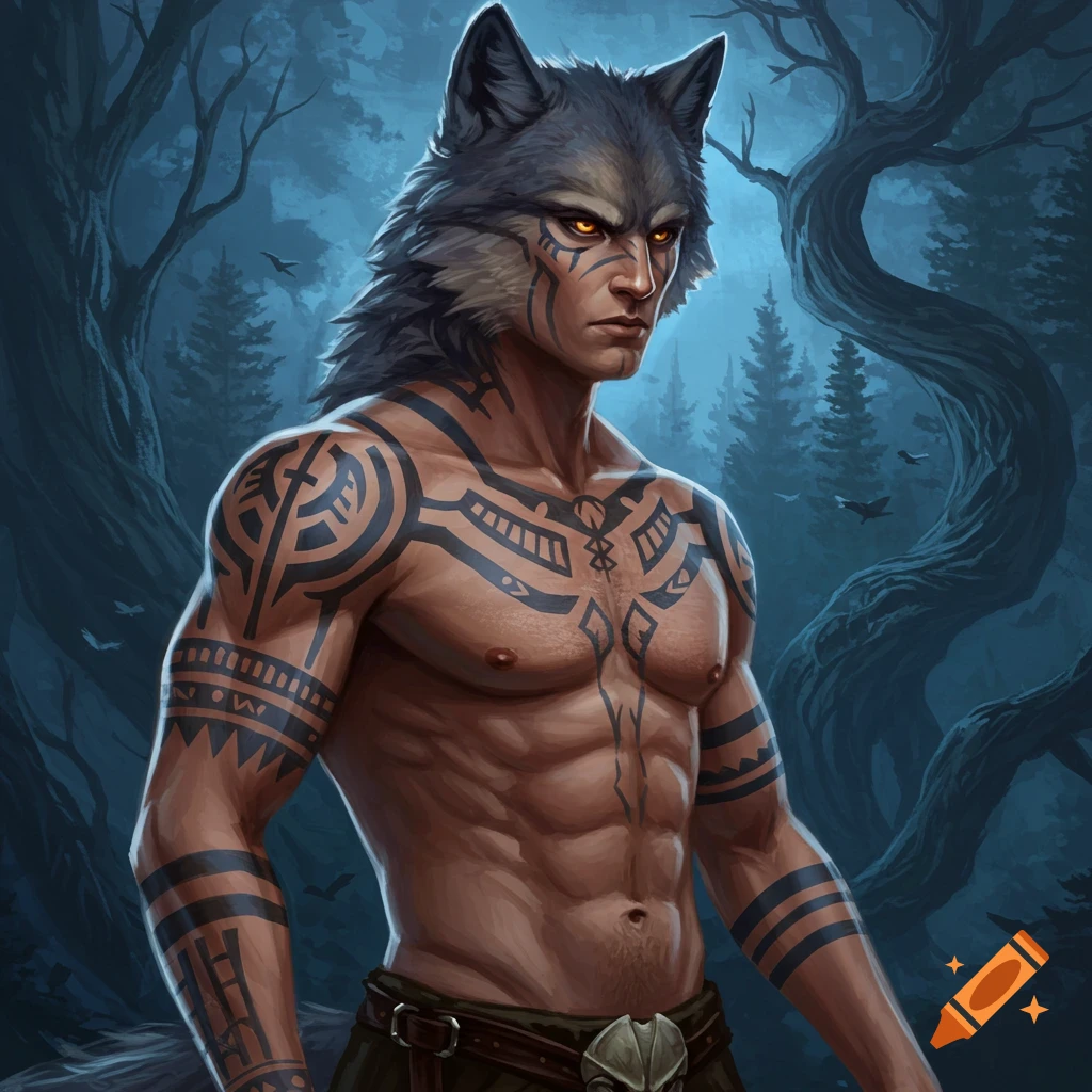 A shirtless fantasy man with wolf ears, face markings, and tribal tattoos  stands in a dark forest. on Craiyon, image size:1024x1024