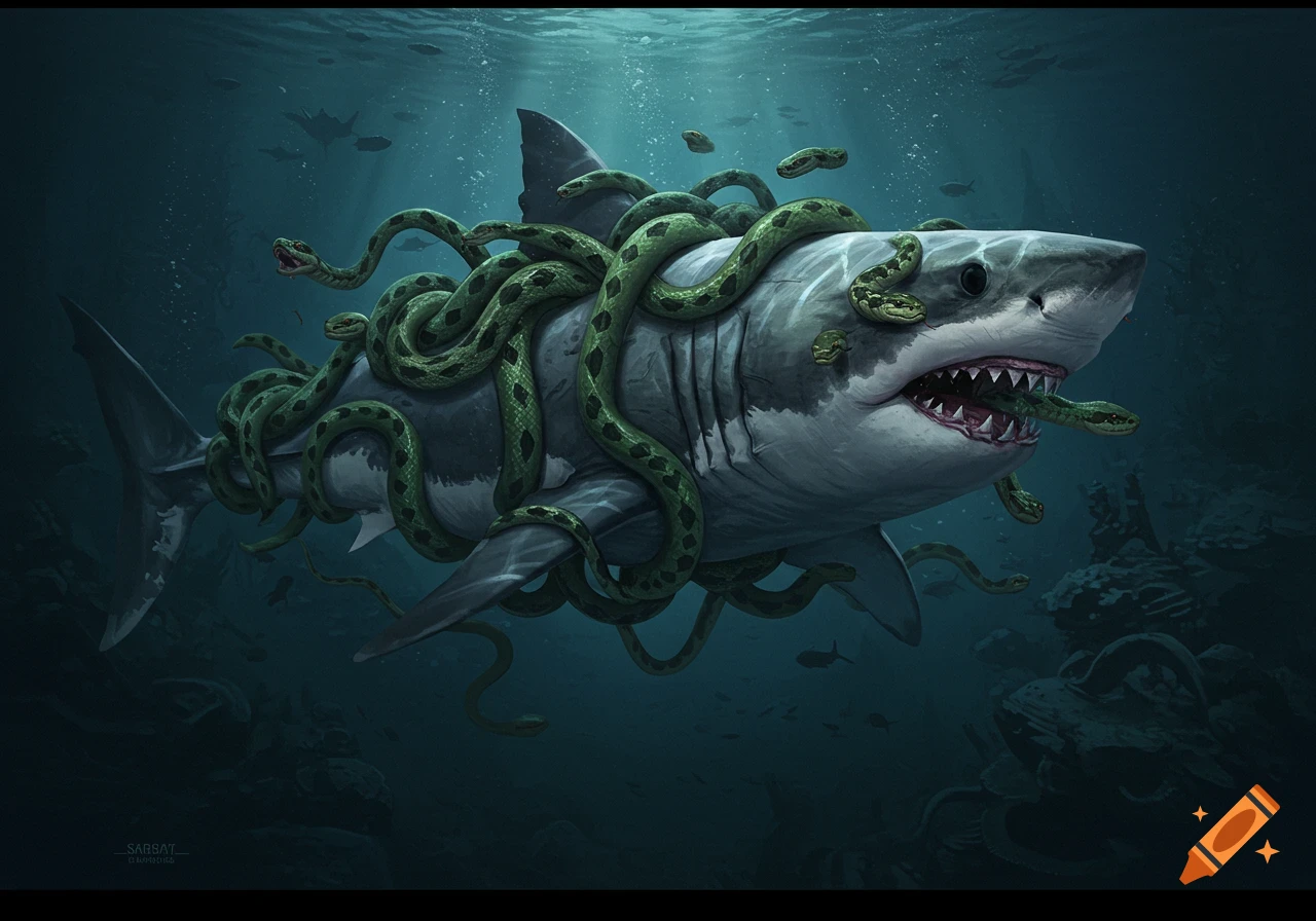 A great white shark wrapped in green snakes underwater.