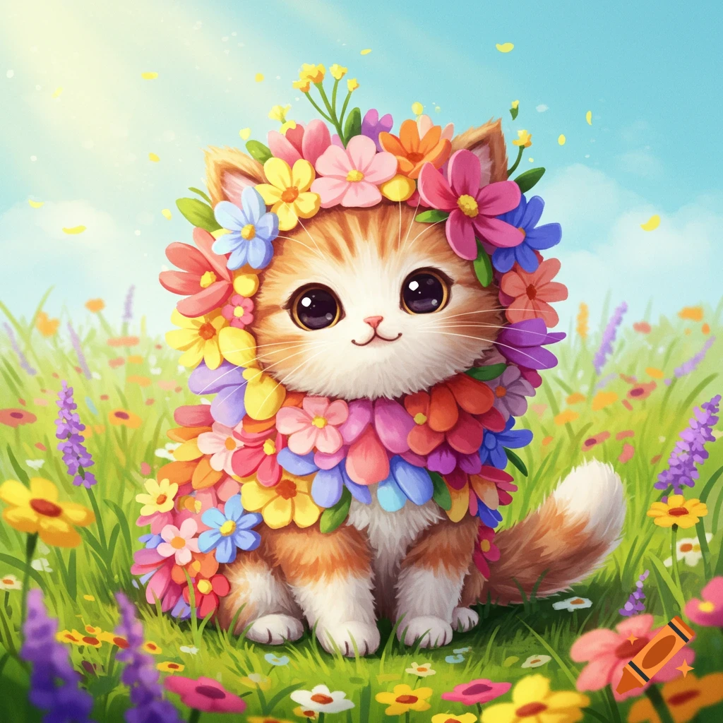A cute cat sits in a flower field, wearing a colorful flower costume around its head and body.