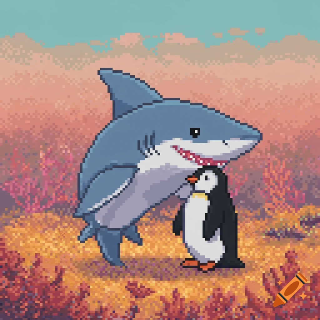Pixel art of a shark and a penguin standing together in a colorful underwater scene.