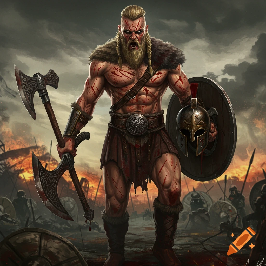 Blood-soaked Viking-like warrior holding a battle axe and helmet in a destroyed battlefield.