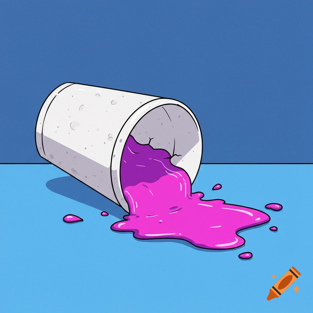 Cartoon illustration of a white cup spilling pink liquid on a blue surface.