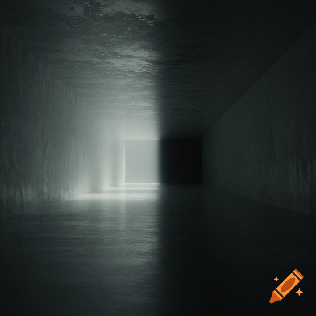 Dark, empty corridor with light emanating from the far end, digital art.