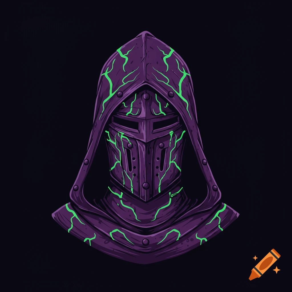 A hooded knight helmet with purple and neon green veins in a vector art style.