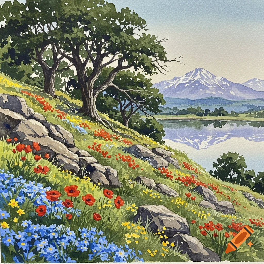 Watercolor painting of a flowery hillside with trees, a lake, and snow-capped mountains.