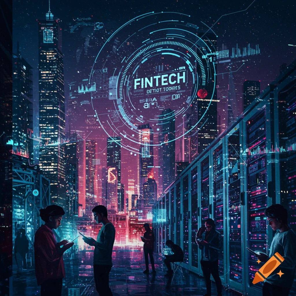 A futuristic cityscape with people interacting with technology, server racks, and a large 'FINTECH' holographic display.