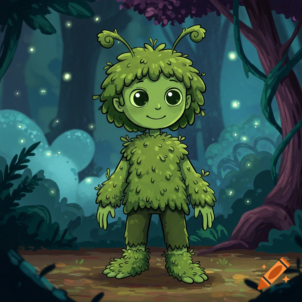 Cartoon green alien in a moss outfit stands in a forest