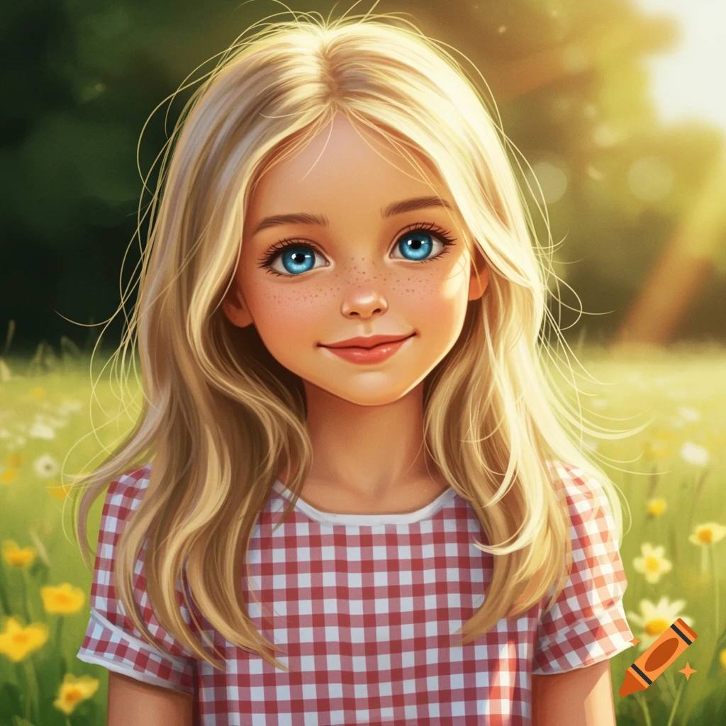 A young blonde girl in a red and white gingham dress stands in a sunny field.