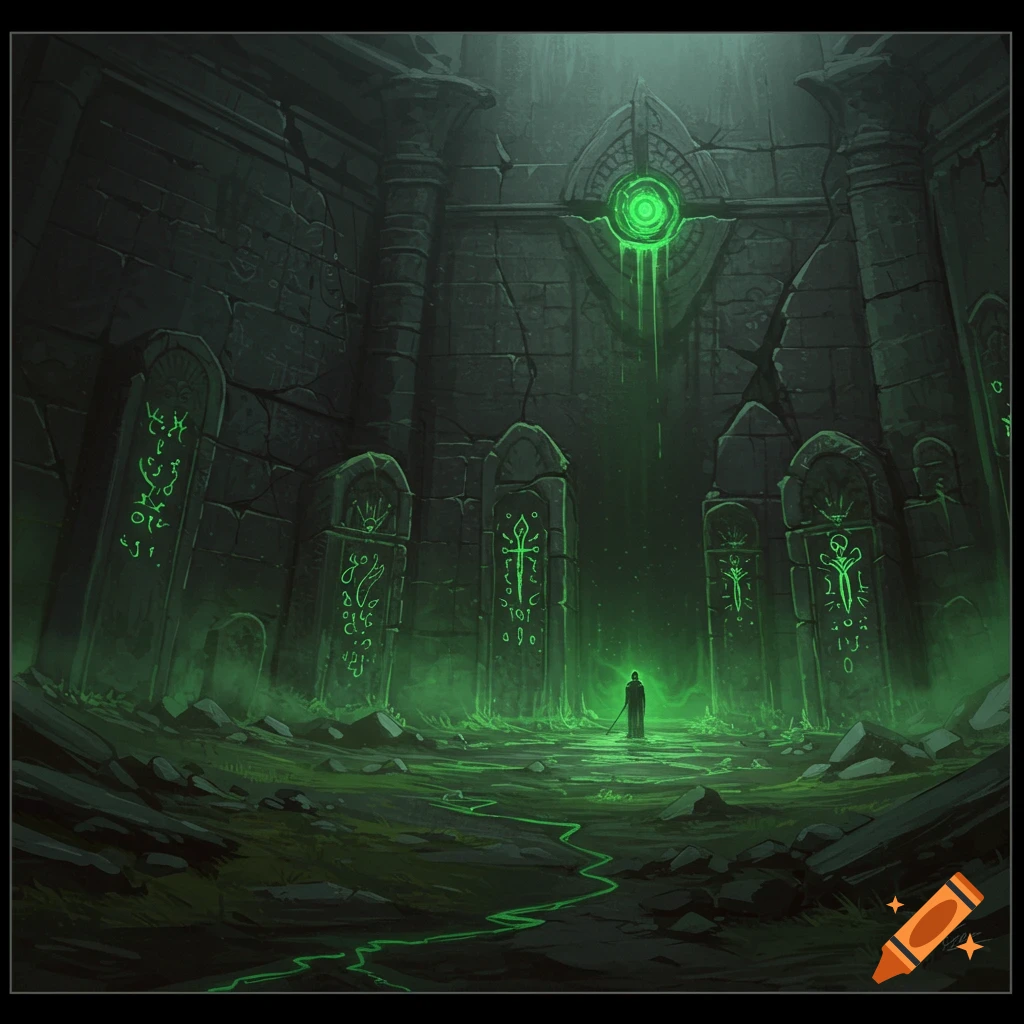 A figure stands in a dark ancient tomb glowing with green light and symbols.