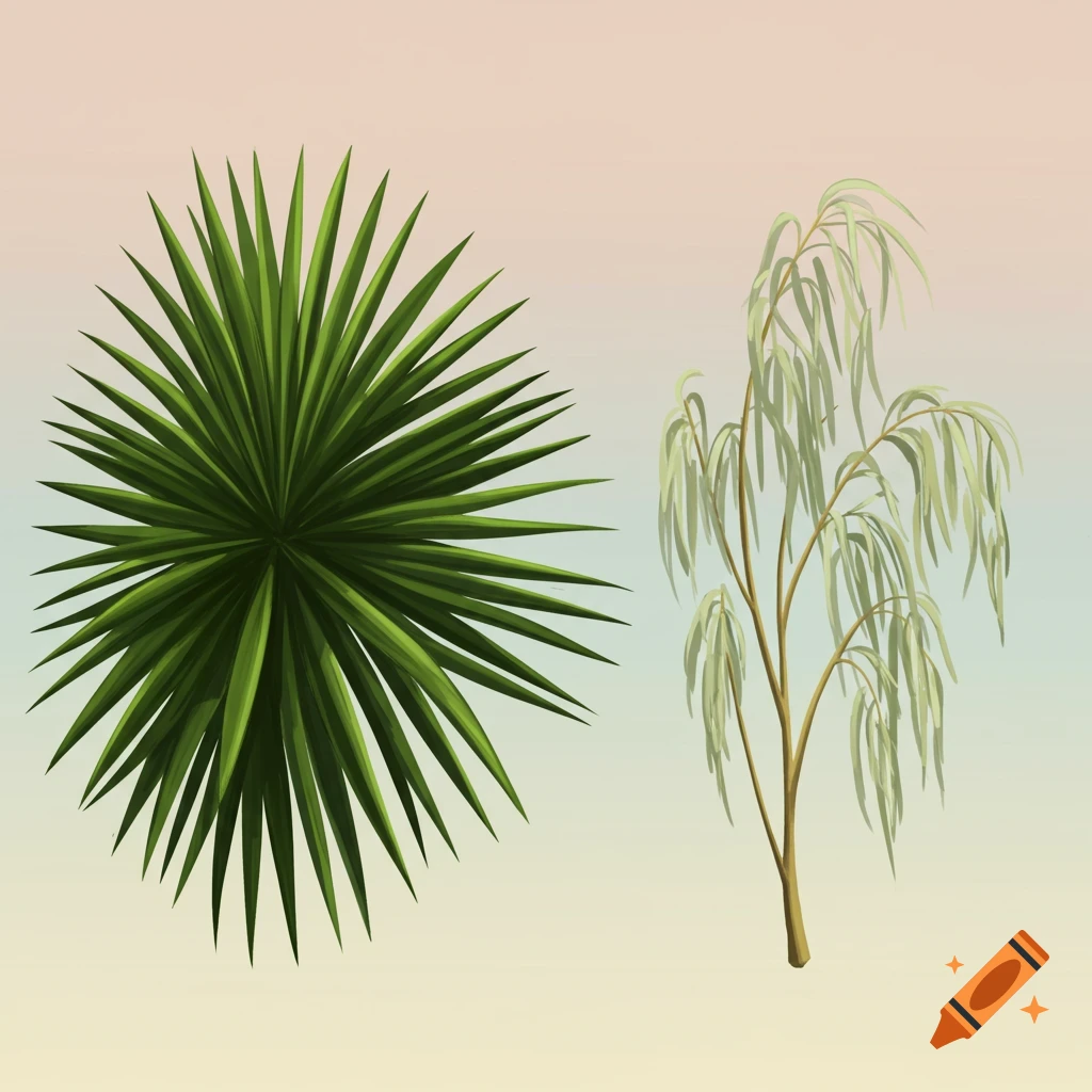 A palm frond and a weeping willow branch are side by side.