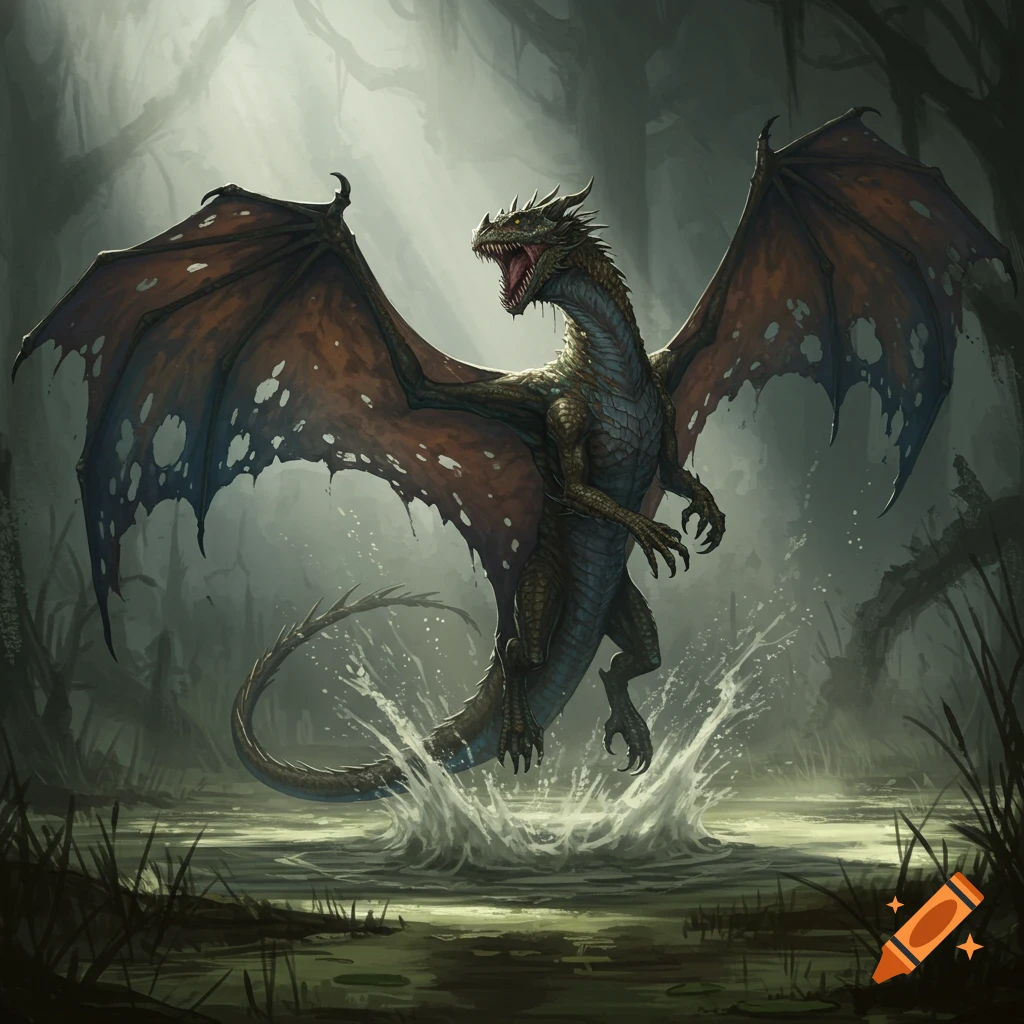 A large dragon with spread wings rises from murky swamp water.