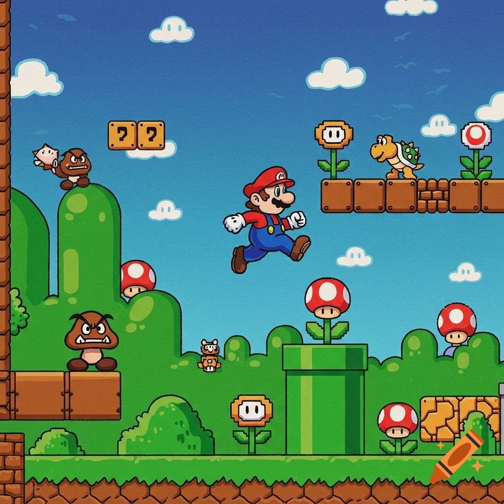 Super Mario Bros level with Mario jumping over a pipe