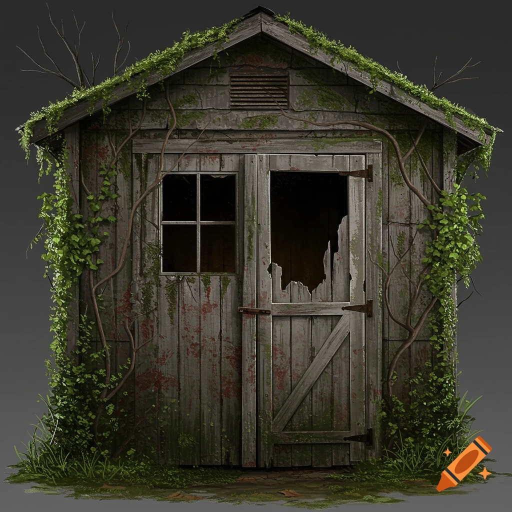An old, dilapidated shed covered in moss, mold, and vines, with a broken window and door, against a dark background.