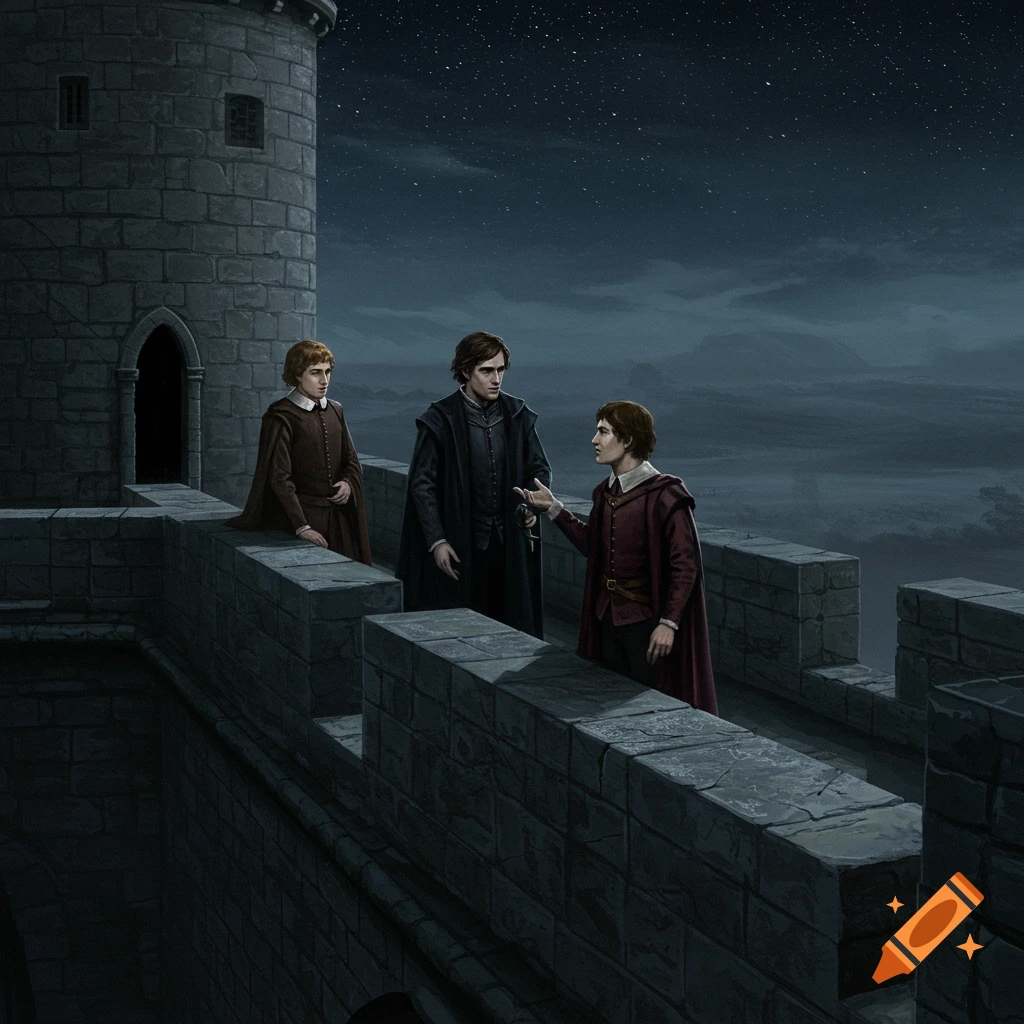 Three men in historical clothing stand on castle battlements at night.
