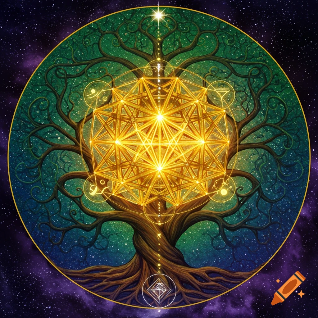 A Tree of Life with glowing gold sacred geometry against a starry galaxy background.