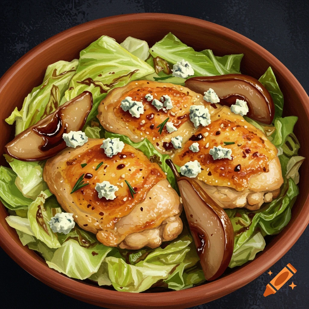 A chicken with cabbage, pears, and blue cheese in a bowl.